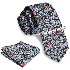 Floral Printed Necktie Tie Clip Pocket Square Sets Navy Blue